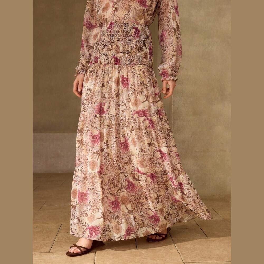 Tan & Pink Floral Print Maxi Dress with Smocked Waist